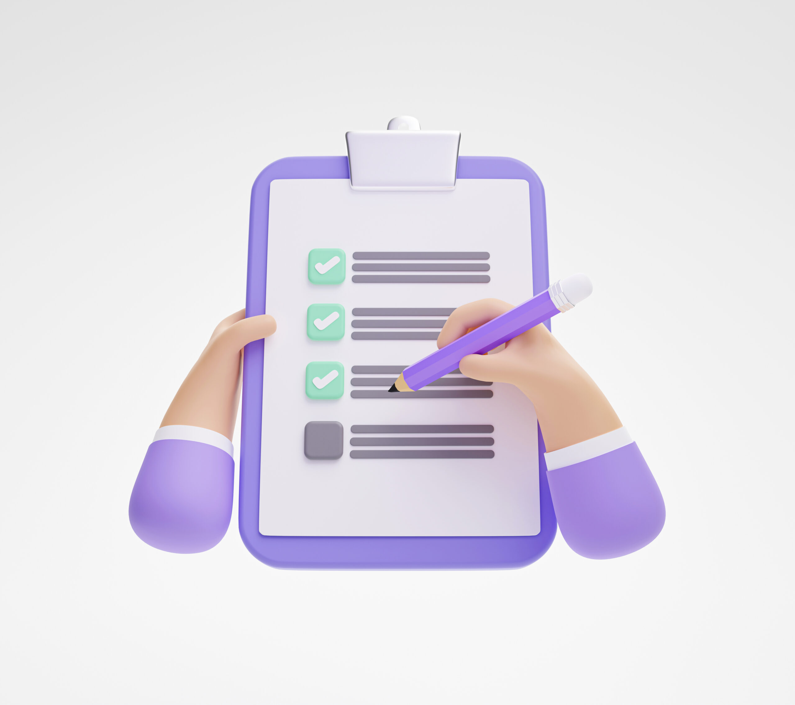 hand holding writing checklist application form document clipboard white background 3d illustration scaled